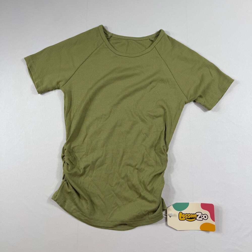 LessonZoo Ribbed Crew Neck Raglan Short Sleeve Ruched Side T-Shirt